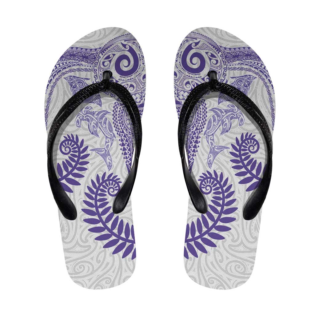 Aotearoa Maori Sea Animals Tribal Flip Flops Manta Ray and Shark Moko Pattern Purple Color LT03 Purple - Polynesian Pride