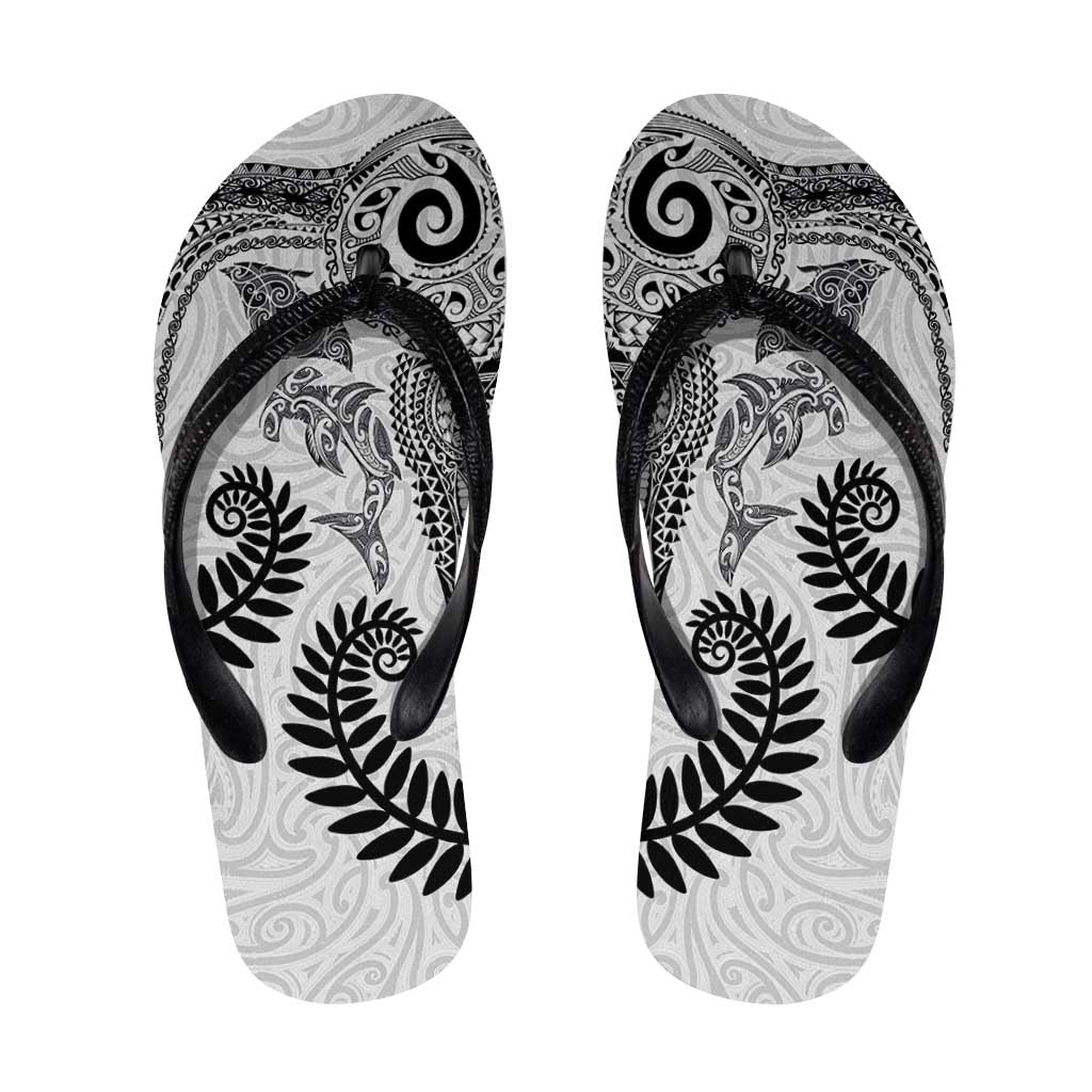 Aotearoa Maori Sea Animals Tribal Flip Flops Manta Ray and Shark Moko Pattern White Color