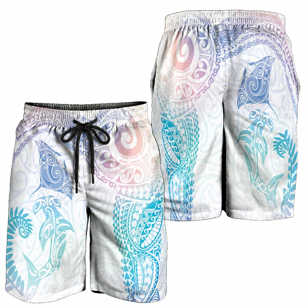 Aotearoa Maori Sea Animals Tribal Shorts for Men Manta Ray and Shark Moko Pattern Sweet Pastel
