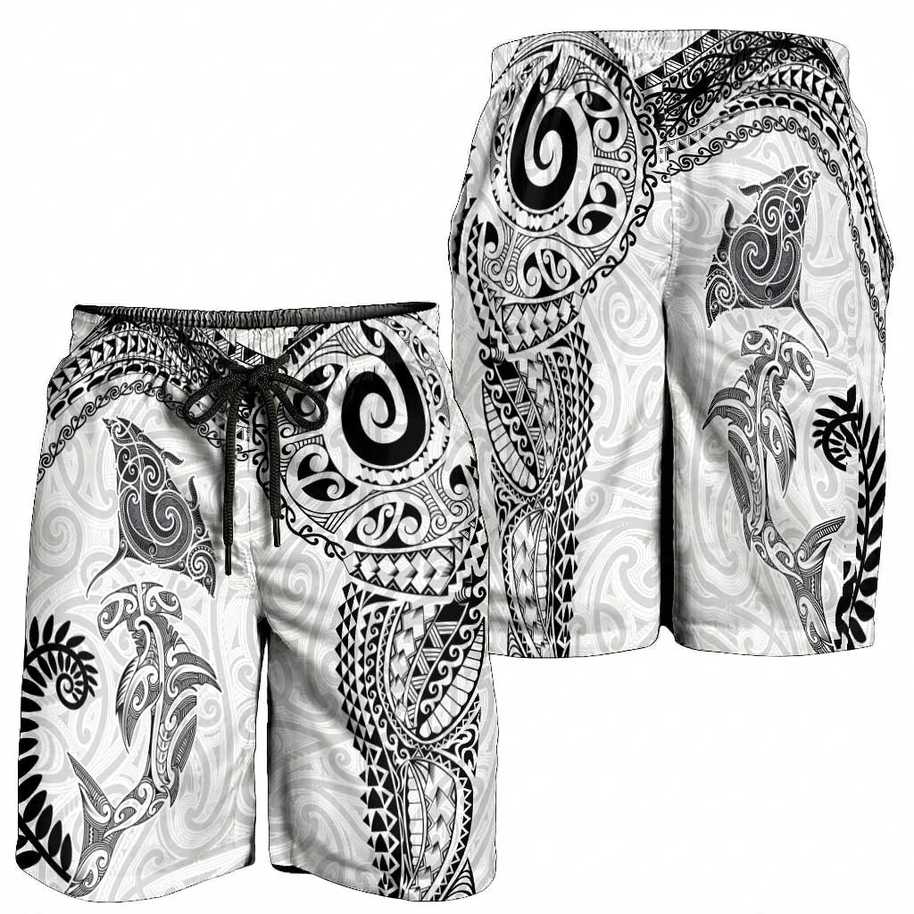 Aotearoa Maori Sea Animals Tribal Shorts for Men Manta Ray and Shark Moko Pattern White Color LT03 - Polynesian Pride