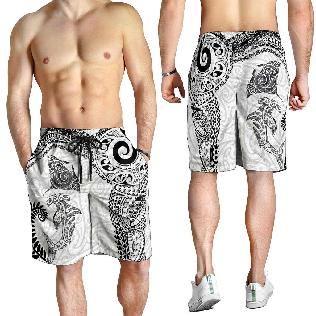 Aotearoa Maori Sea Animals Tribal Shorts for Men Manta Ray and Shark Moko Pattern White Color LT03 - Polynesian Pride