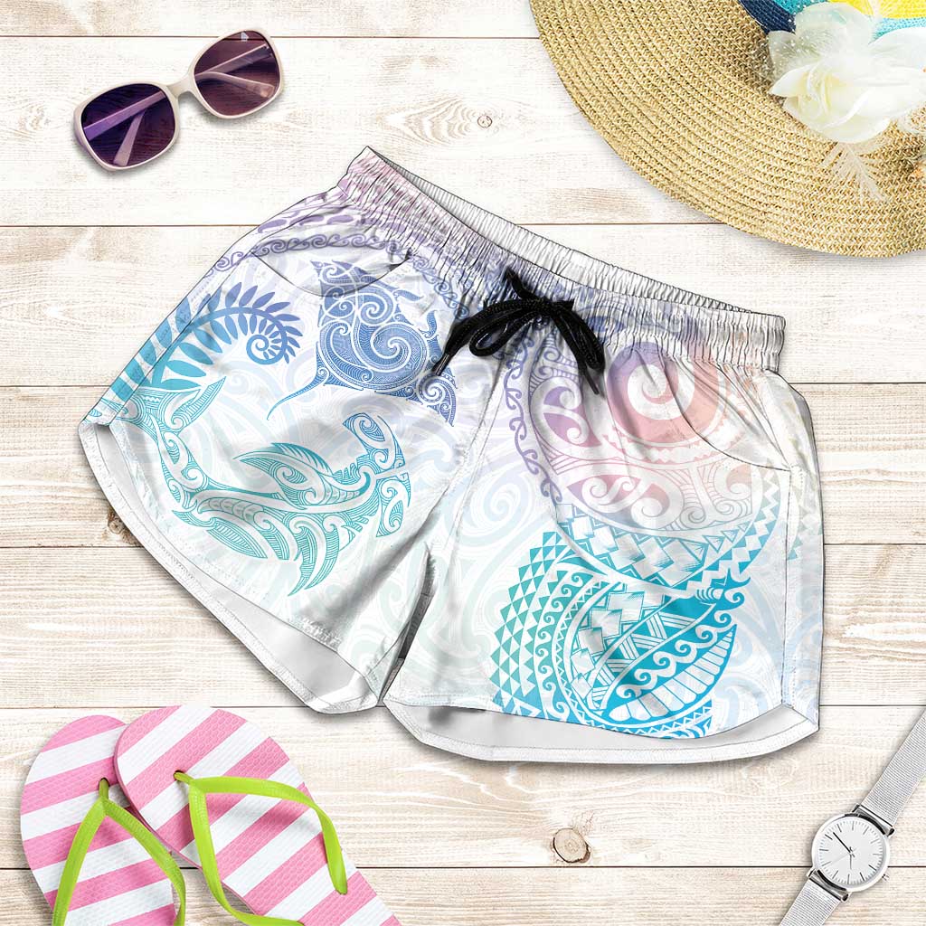 Aotearoa Maori Sea Animals Tribal Shorts for Women Manta Ray and Shark Moko Pattern Sweet Pastel LT03 Multicolor - Polynesian Pride