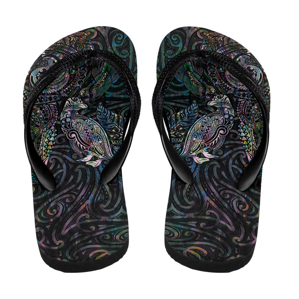 Aotearoa Moko Tribal Tattoo Flip Flops New Zealand Maori Penguin and Fantail Paua Shell Style