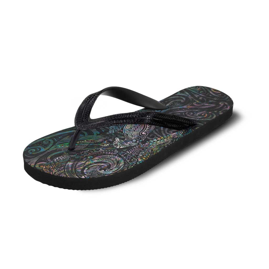 Aotearoa Moko Tribal Tattoo Flip Flops New Zealand Maori Penguin and Fantail Paua Shell Style