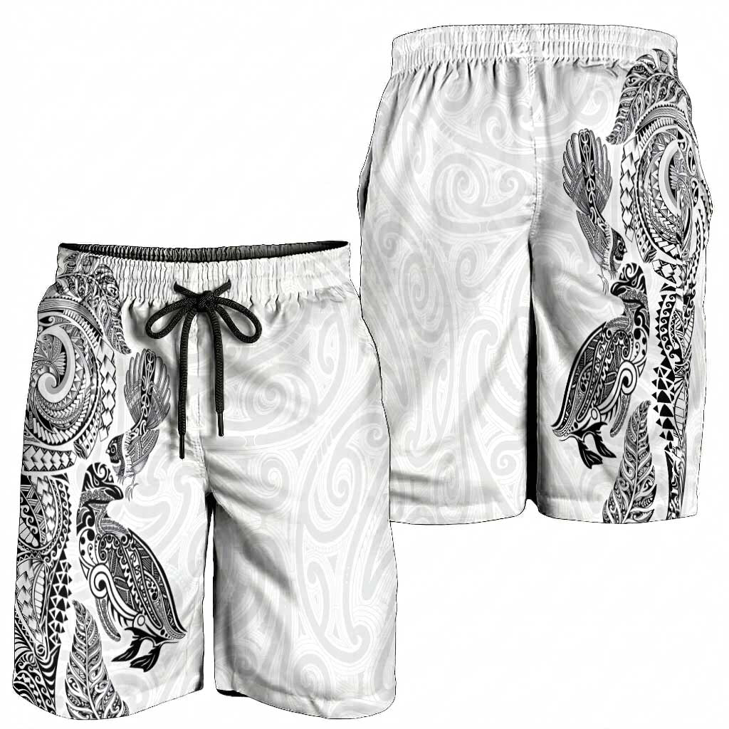 Aotearoa Moko Tribal Tattoo Shorts for Men New Zealand Maori Penguin and Fantail White Color