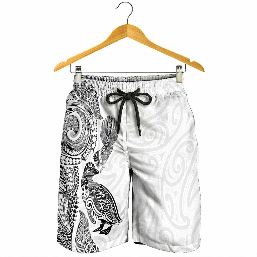 Aotearoa Moko Tribal Tattoo Shorts for Men New Zealand Maori Penguin and Fantail White Color