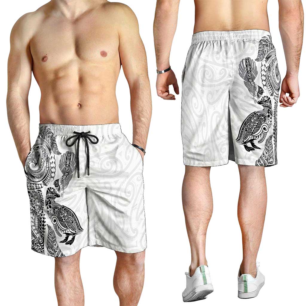 Aotearoa Moko Tribal Tattoo Shorts for Men New Zealand Maori Penguin and Fantail White Color