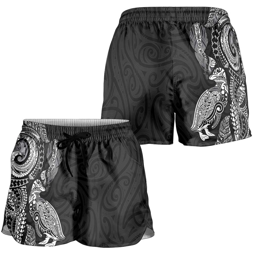 Aotearoa Moko Tribal Tattoo Shorts for Women New Zealand Maori Penguin and Fantail Black Color