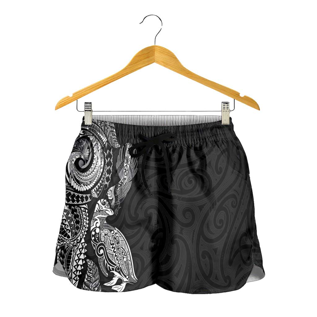 Aotearoa Moko Tribal Tattoo Shorts for Women New Zealand Maori Penguin and Fantail Black Color