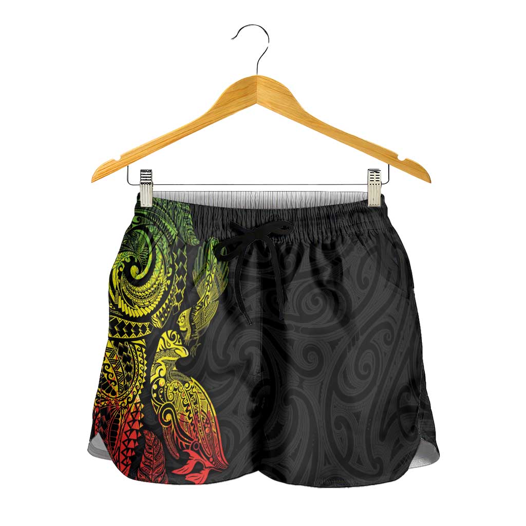 Aotearoa Moko Tribal Tattoo Shorts for Women New Zealand Maori Penguin and Fantail Reggae Style