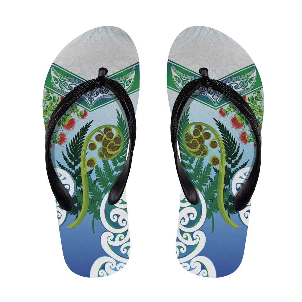 Aotearoa New Zealand Natural Plants Flip Flops Pohutukawa with Silver Ferns Koru Frond Maori Tattoos