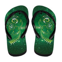 Aotearoa New Zealand New Year Flip Flops Tribal Koru Tattoo Green Galaxy Maori Silver Fern