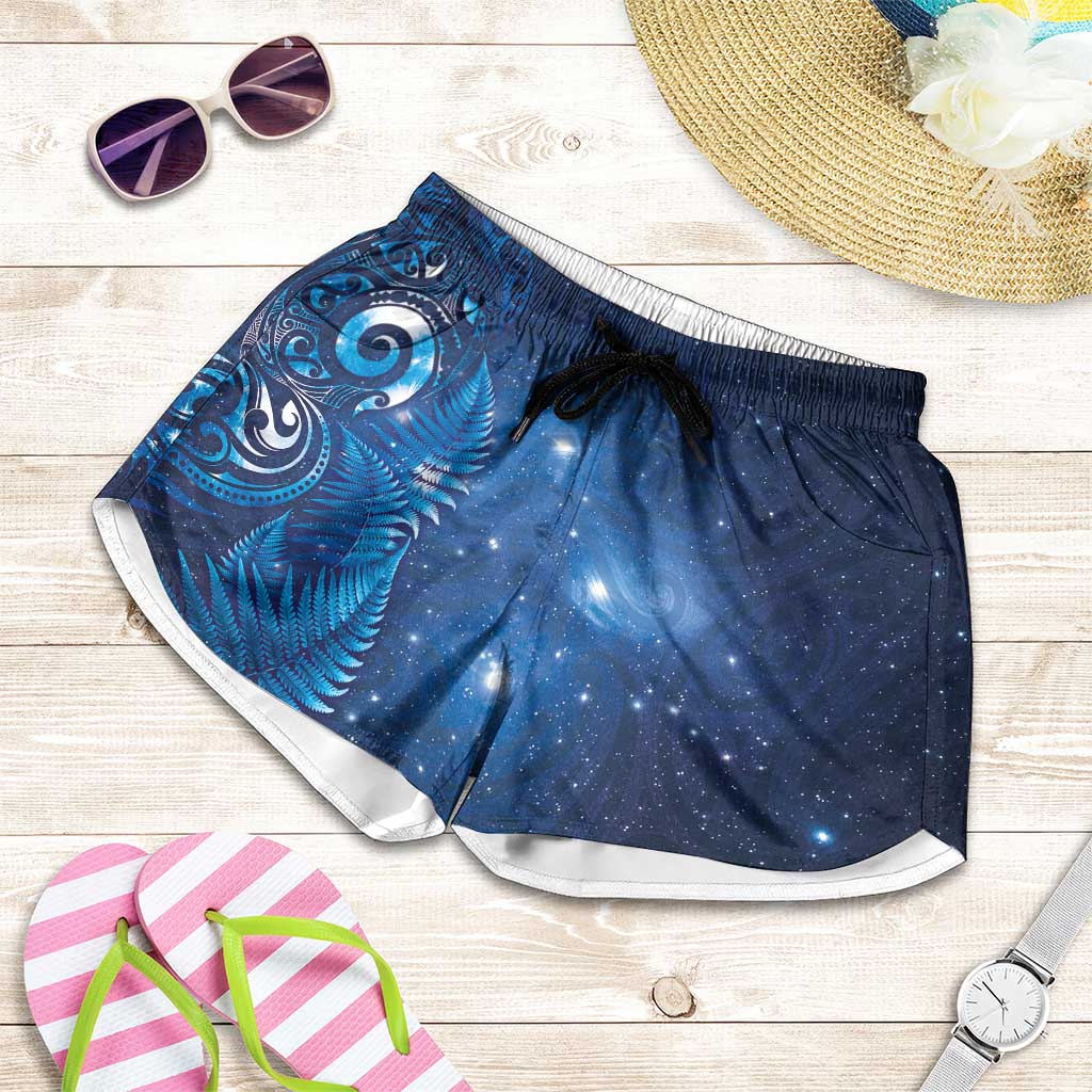 Aotearoa New Zealand New Year Shorts for Women Tribal Koru Tattoo Blue Galaxy Maori Silver Fern