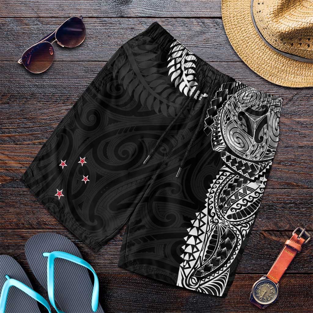 Aotearoa Volleyball Shorts for Men Silver Ferns and Maori Tribal Black LT03 Black - Polynesian Pride