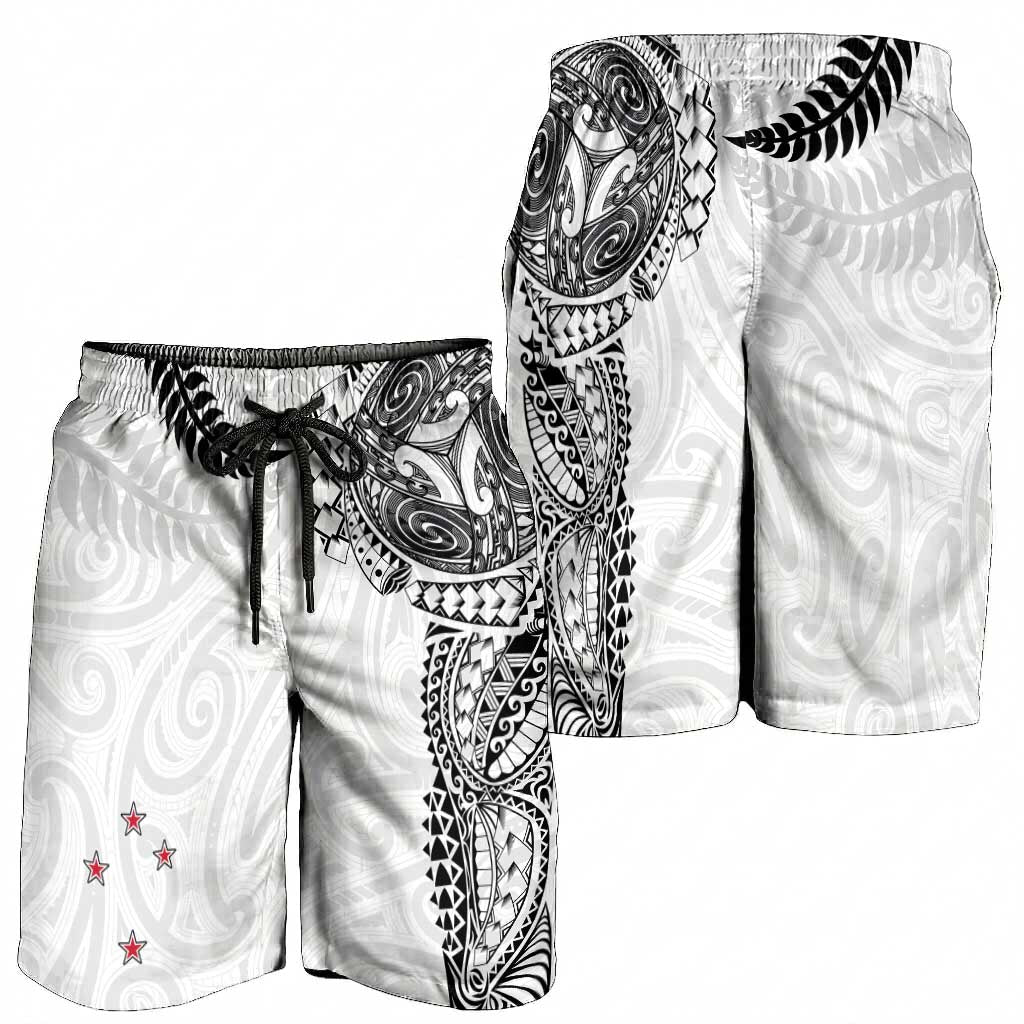 Aotearoa Volleyball Shorts for Men Silver Ferns and Maori Tribal White LT03 - Polynesian Pride