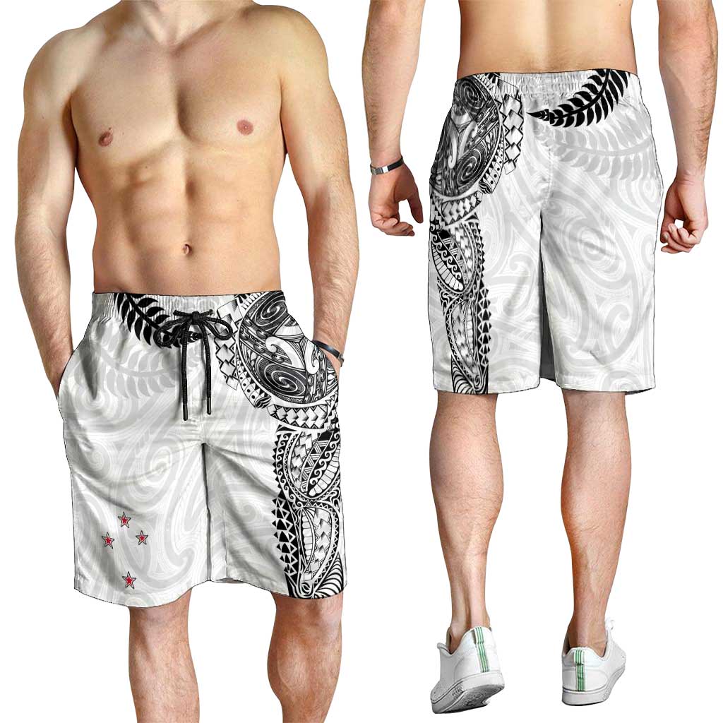 Aotearoa Volleyball Shorts for Men Silver Ferns and Maori Tribal White LT03 - Polynesian Pride