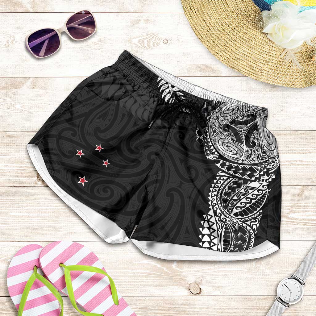 Aotearoa Volleyball Shorts for Women Silver Ferns and Maori Tribal Black LT03 Black - Polynesian Pride