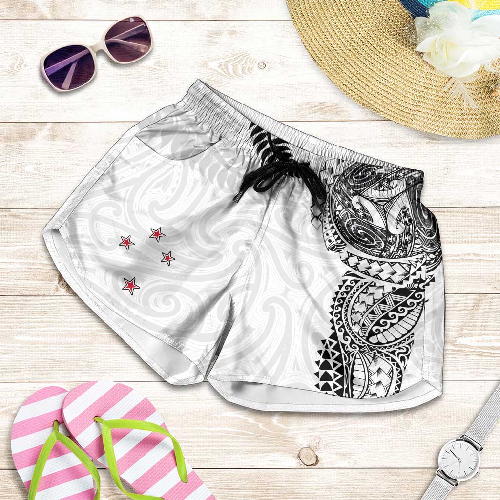 Aotearoa Volleyball Shorts for Women Silver Ferns and Maori Tribal White LT03 White - Polynesian Pride