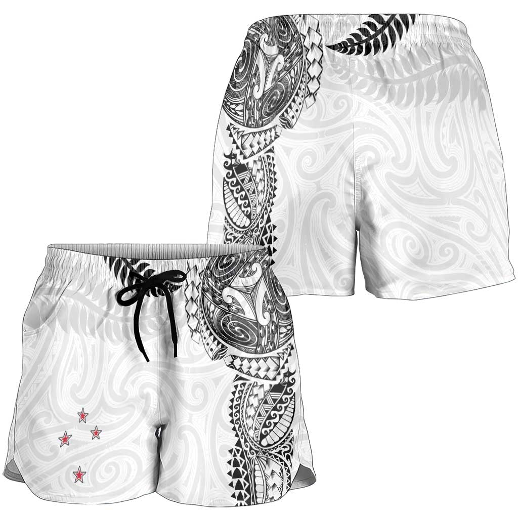 Aotearoa Volleyball Shorts for Women Silver Ferns and Maori Tribal White LT03 - Polynesian Pride
