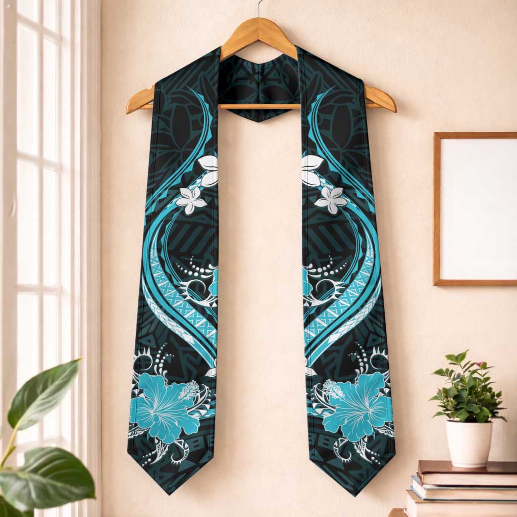 Aqua Polynesian Pattern With Tropical Flowers Graduation Stole LT05 One Size Aqua - Polynesian Pride