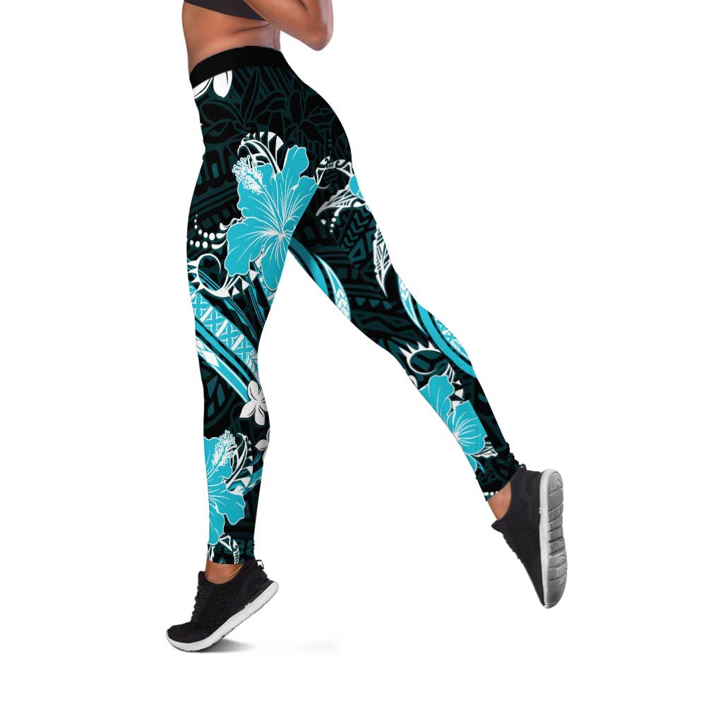 Aqua Polynesian Pattern With Tropical Flowers Leggings - Polynesian Pride