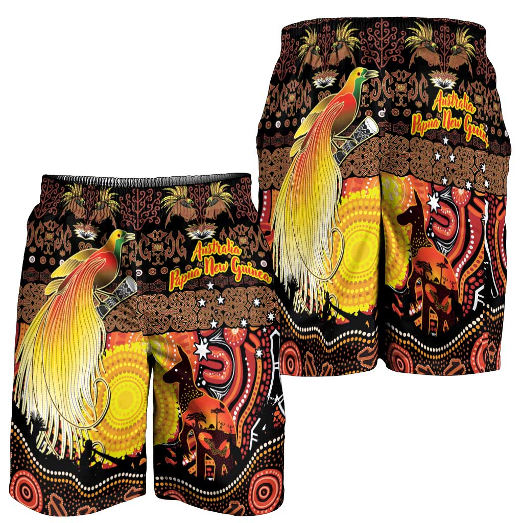 Australia and Papua New Guinea Together Shorts for Men Kangaroo Aboriginal Art and Bird-of-paradise Oro Tribal Motifs - Polynesian Pride