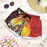 Australia and Papua New Guinea Together Shorts for Women Bird-of-paradise and Kangaroo with Oro Tapa and Aboriginal Art Motifs - Polynesian Pride