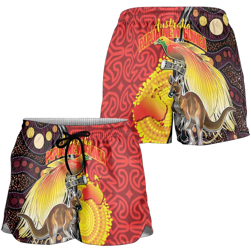 Australia and Papua New Guinea Together Shorts for Women Bird-of-paradise and Kangaroo with Oro Tapa and Aboriginal Art Motifs - Polynesian Pride