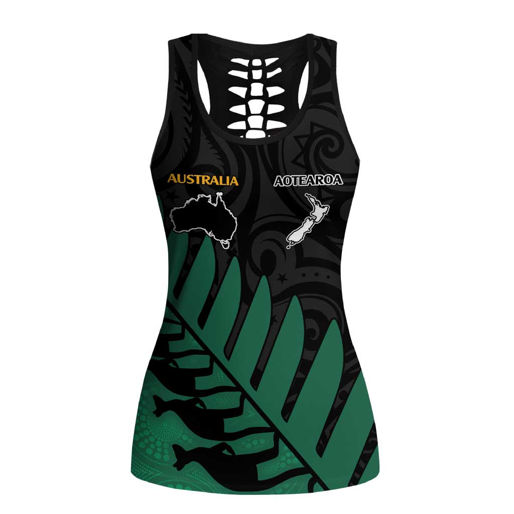 Australia New Zealand Rugby Hollow Tank Top Green Aboriginal Wallabies and Maori Black Fern - Polynesian Pride