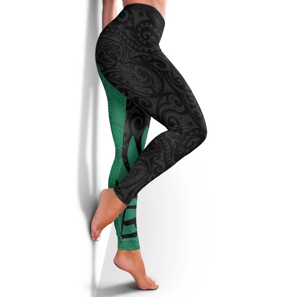 Australia New Zealand Rugby Leggings Green Aboriginal Wallabies and Maori Black Fern - Polynesian Pride