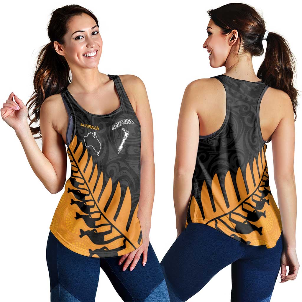 Australia New Zealand Rugby Women Racerback Tank Gold Aboriginal Wallabies and Maori Black Fern - Polynesian Pride