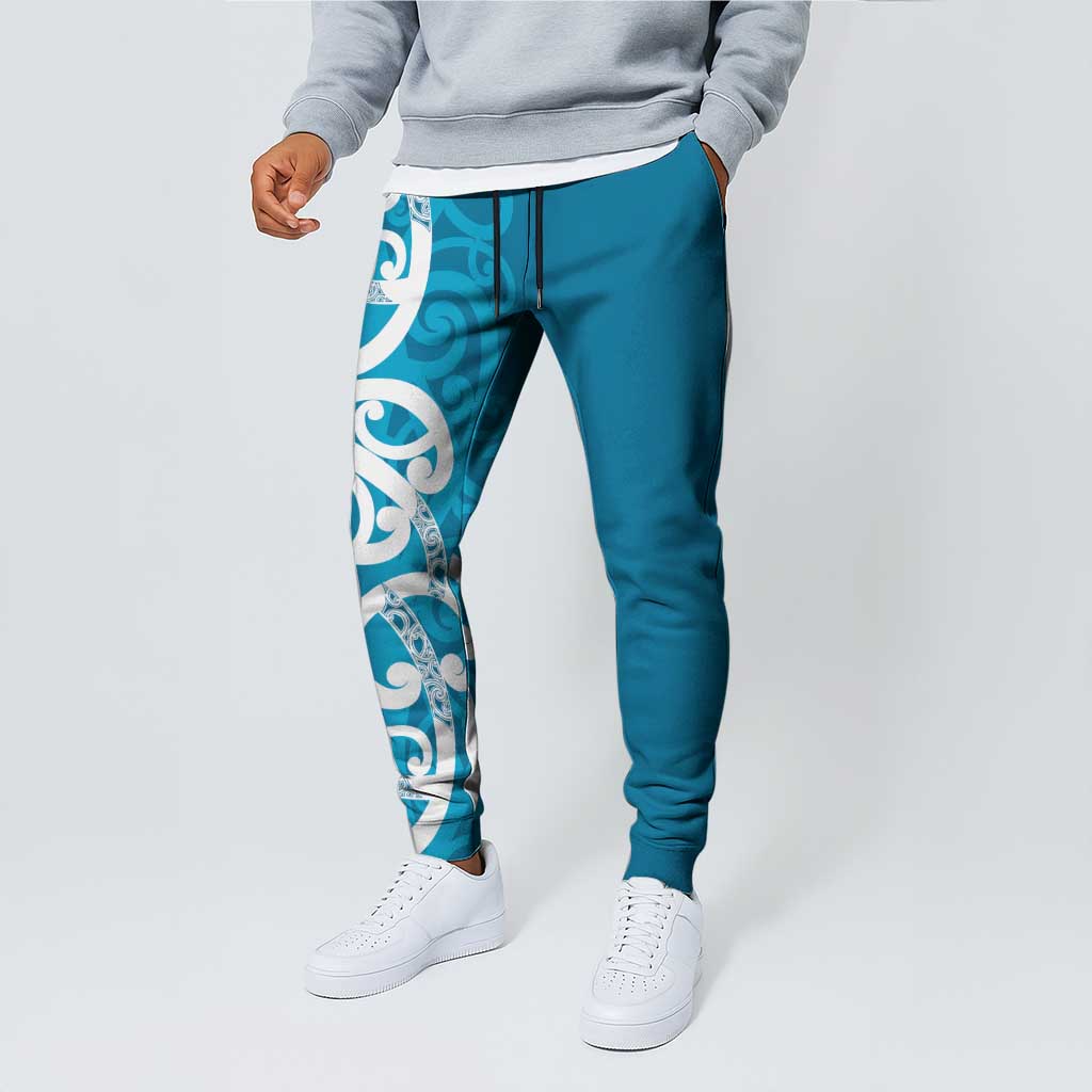 Azure Blue Maori Jogger Pants Koru Kowhaiwhai LT7 - Polynesian Pride