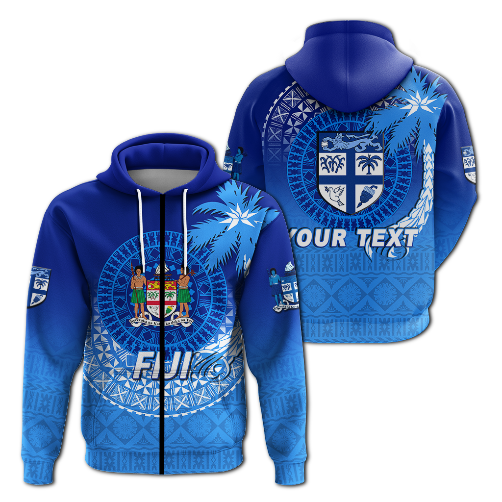 Custom Fiji Tapa Tribal Coconut Tree Hoodie LT12 Zip Hoodie Blue - Polynesian Pride