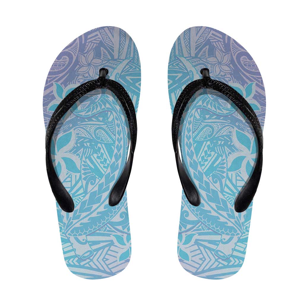 Baby Blue Gradient Polynesia Flip Flops Hawaiian Tribal Hammerhead Shark Tattoo - Polynesian Pride