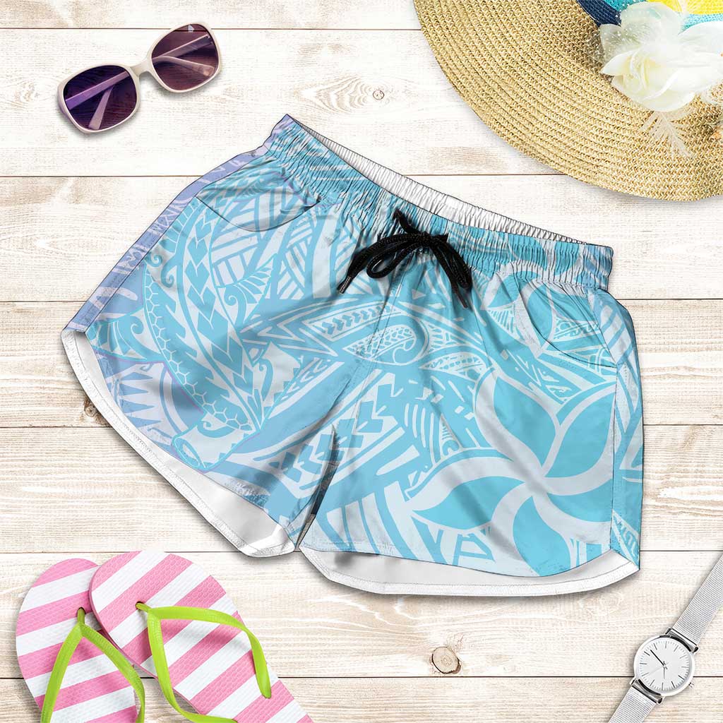 Baby Blue Gradient Polynesia Shorts for Women Hawaiian Tribal Hammerhead Shark Tattoo LT14 Baby Blue - Polynesian Pride