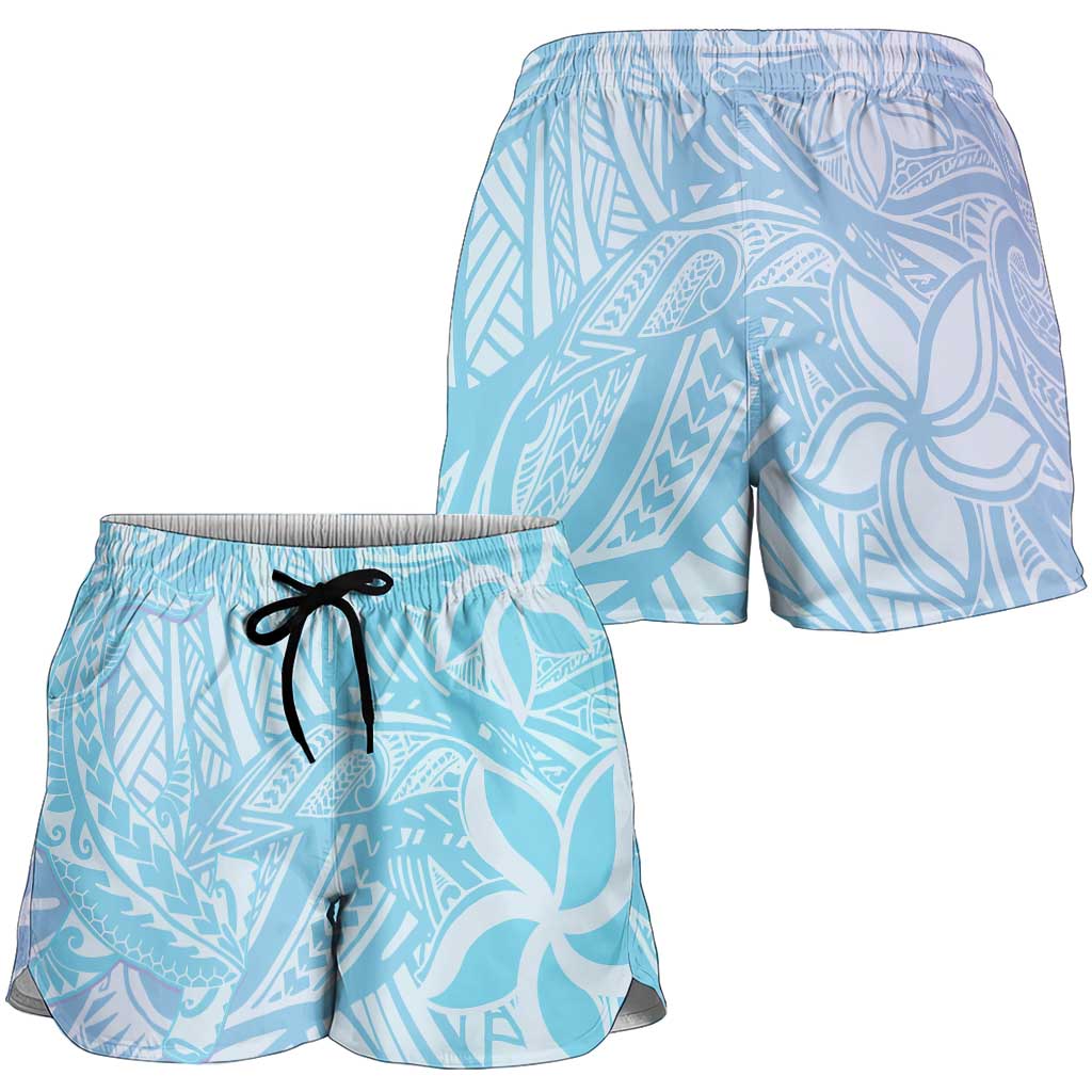 Baby Blue Gradient Polynesia Shorts for Women Hawaiian Tribal Hammerhead Shark Tattoo LT14 - Polynesian Pride