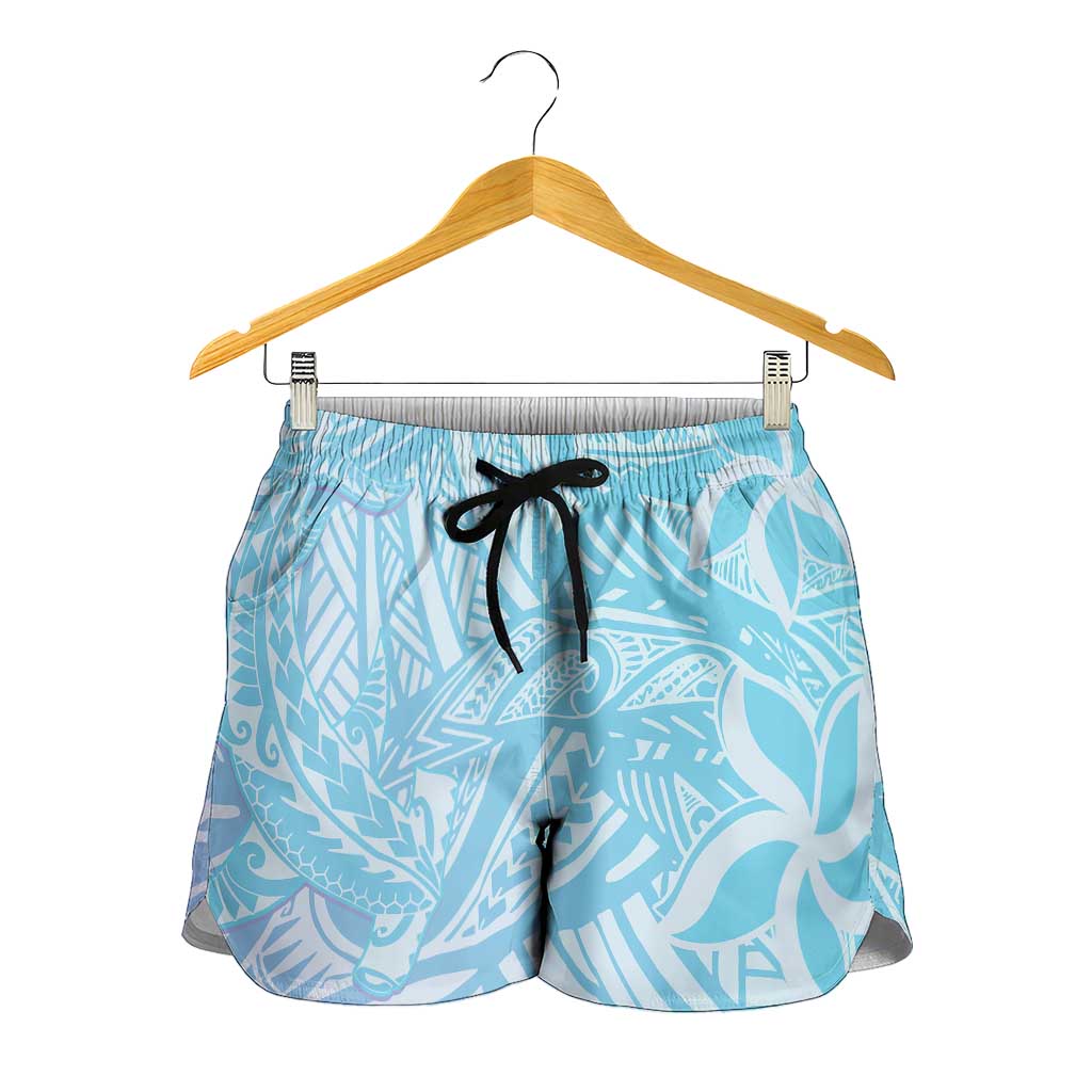 Baby Blue Gradient Polynesia Shorts for Women Hawaiian Tribal Hammerhead Shark Tattoo LT14 - Polynesian Pride