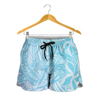 Baby Blue Gradient Polynesia Shorts for Women Hawaiian Tribal Hammerhead Shark Tattoo LT14 - Polynesian Pride