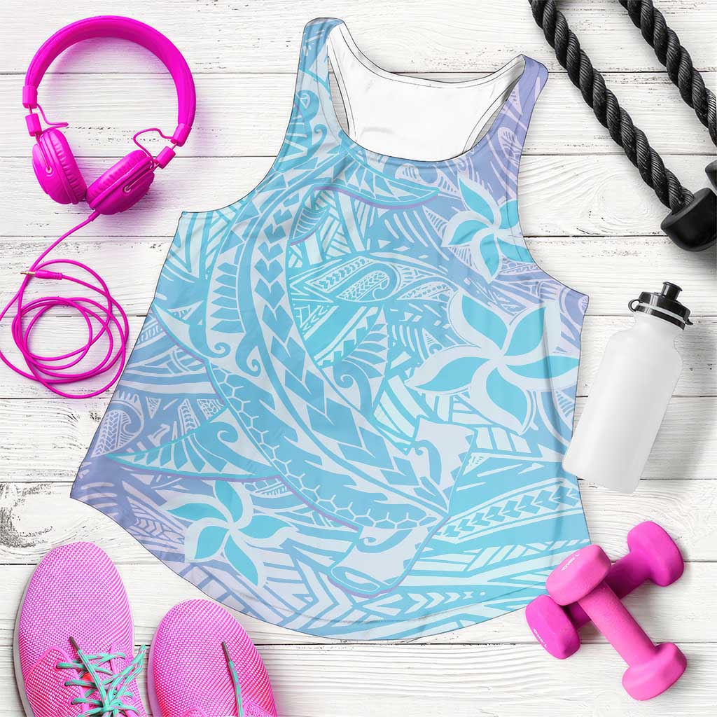 Baby Blue Gradient Polynesia Women Racerback Tank Hawaiian Tribal Hammerhead Shark Tattoo - Polynesian Pride