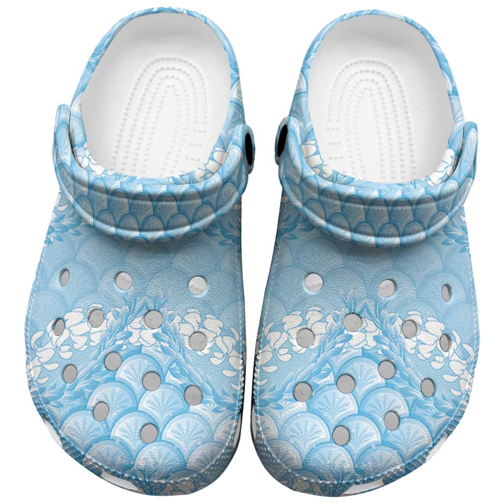 Baby Blue Mermaid Puakenikeni Maile Lei Clogs Shoes