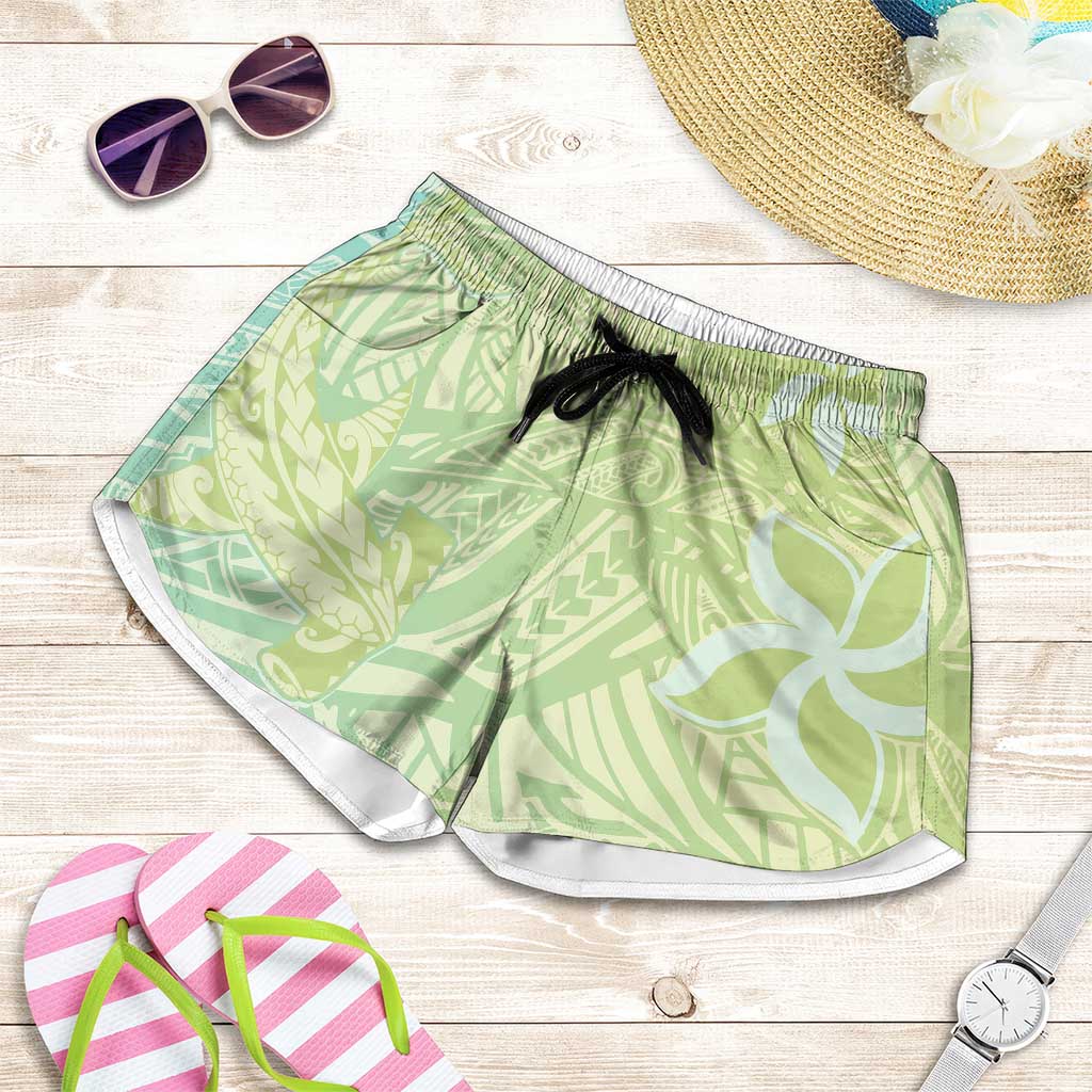 Baby Green Gradient Polynesia Shorts for Women Hawaiian Tribal Hammerhead Shark Tattoo LT14 Baby Green - Polynesian Pride