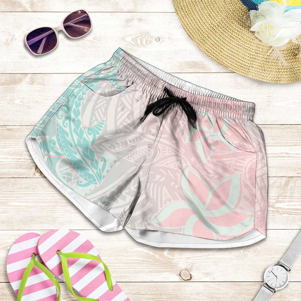 Baby Pink Gradient Polynesia Shorts for Women Hawaiian Tribal Hammerhead Shark Tattoo LT14 Baby Pink - Polynesian Pride