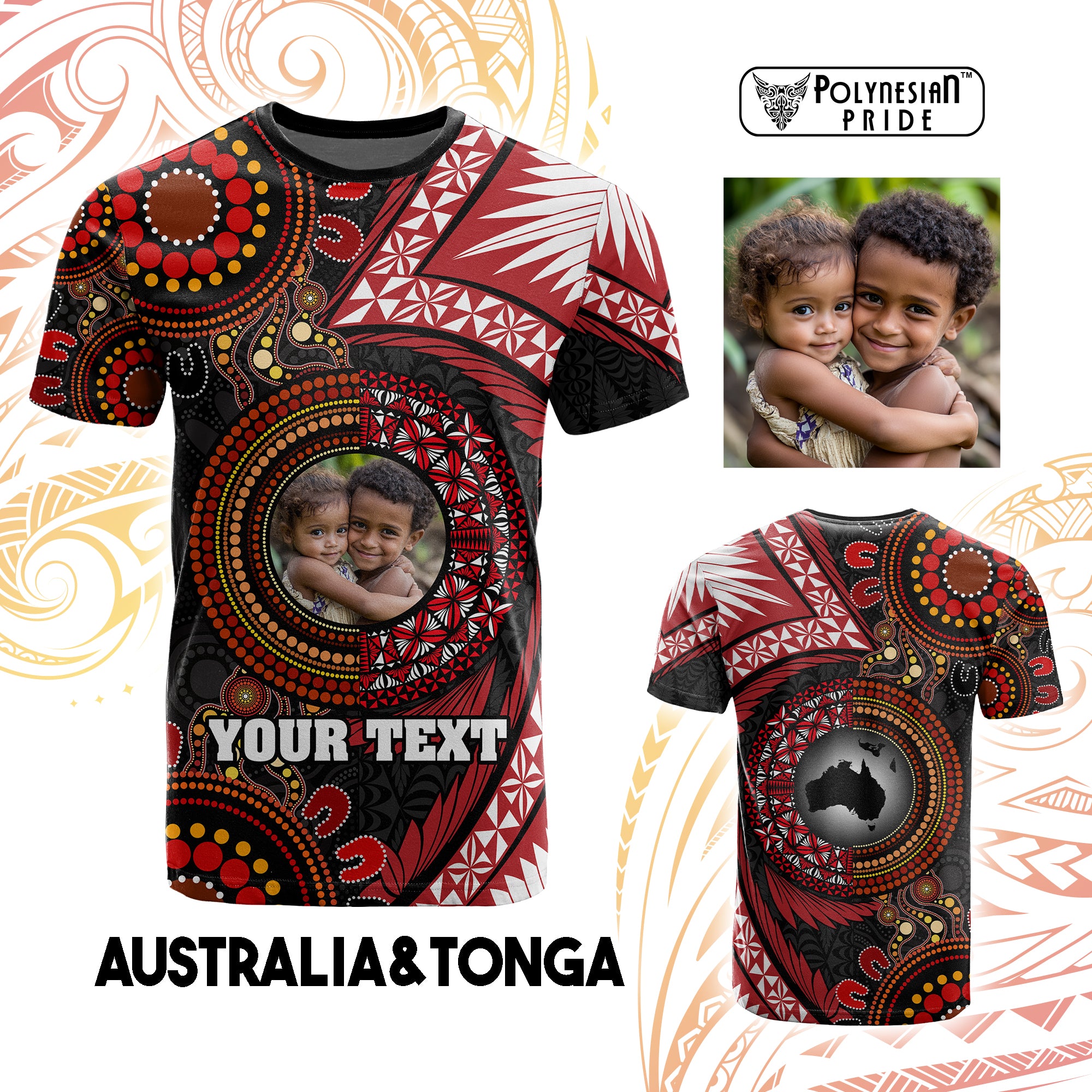 Custom Photo Tonga and Australia Together T Shirt Ngatu Art Tribal Aboriginal Tattoo Pattern CTM03