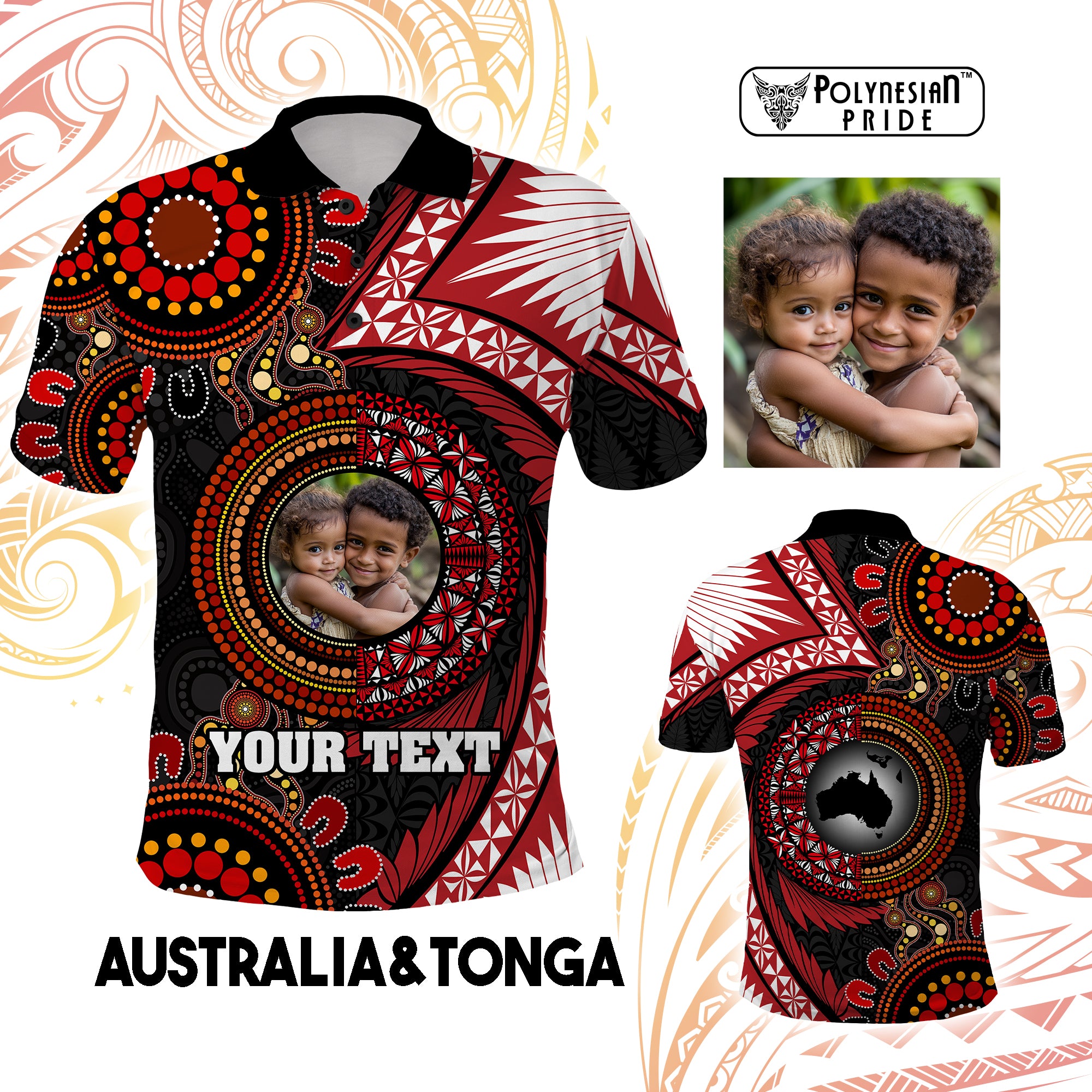 Custom Photo Tonga and Australia Together Polo Shirt Ngatu Art Tribal Aboriginal Tattoo Pattern CTM03