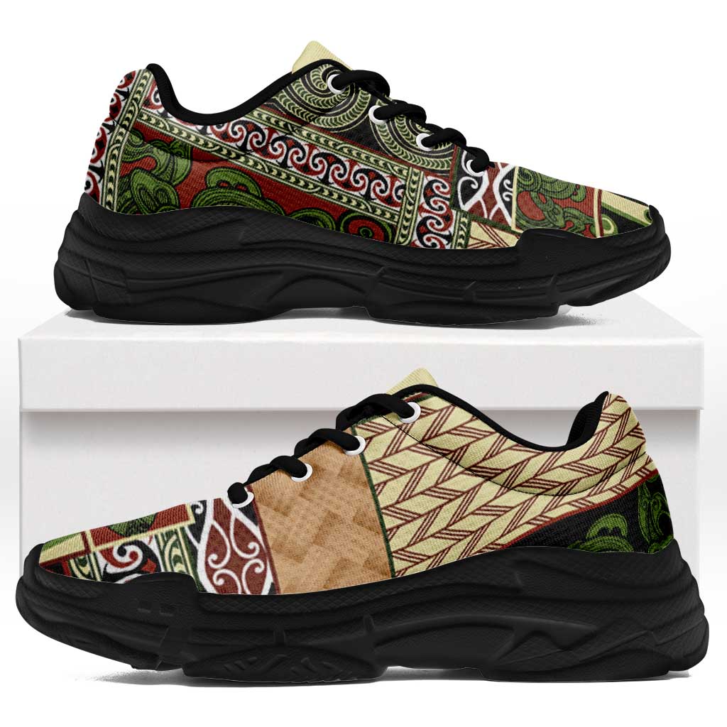 Beige Aotearoa Kowhaiwhai Pattern Chunky Sneakers NZ Maori Quilt Style - Polynesian Pride