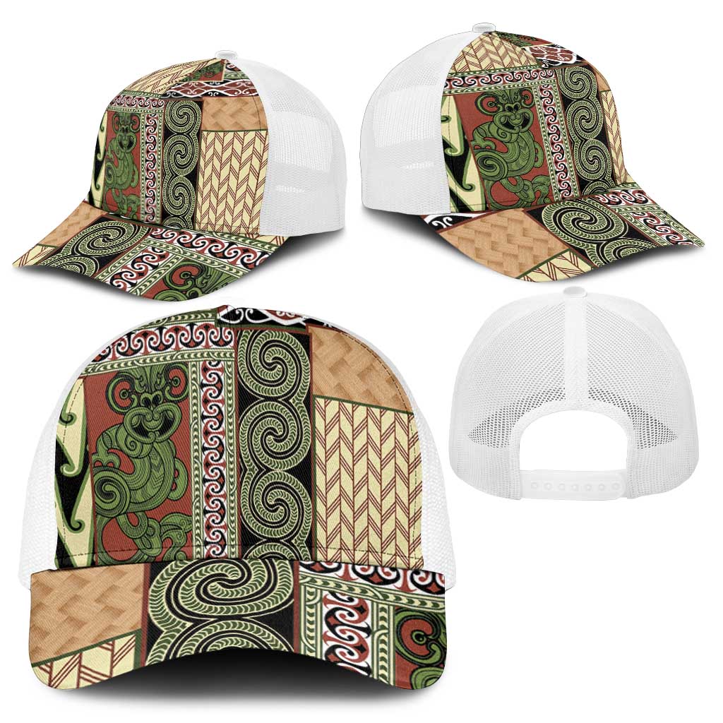 Beige Aotearoa Kowhaiwhai Pattern Mesh Trucker Cap NZ Maori Quilt Style - Polynesian Pride