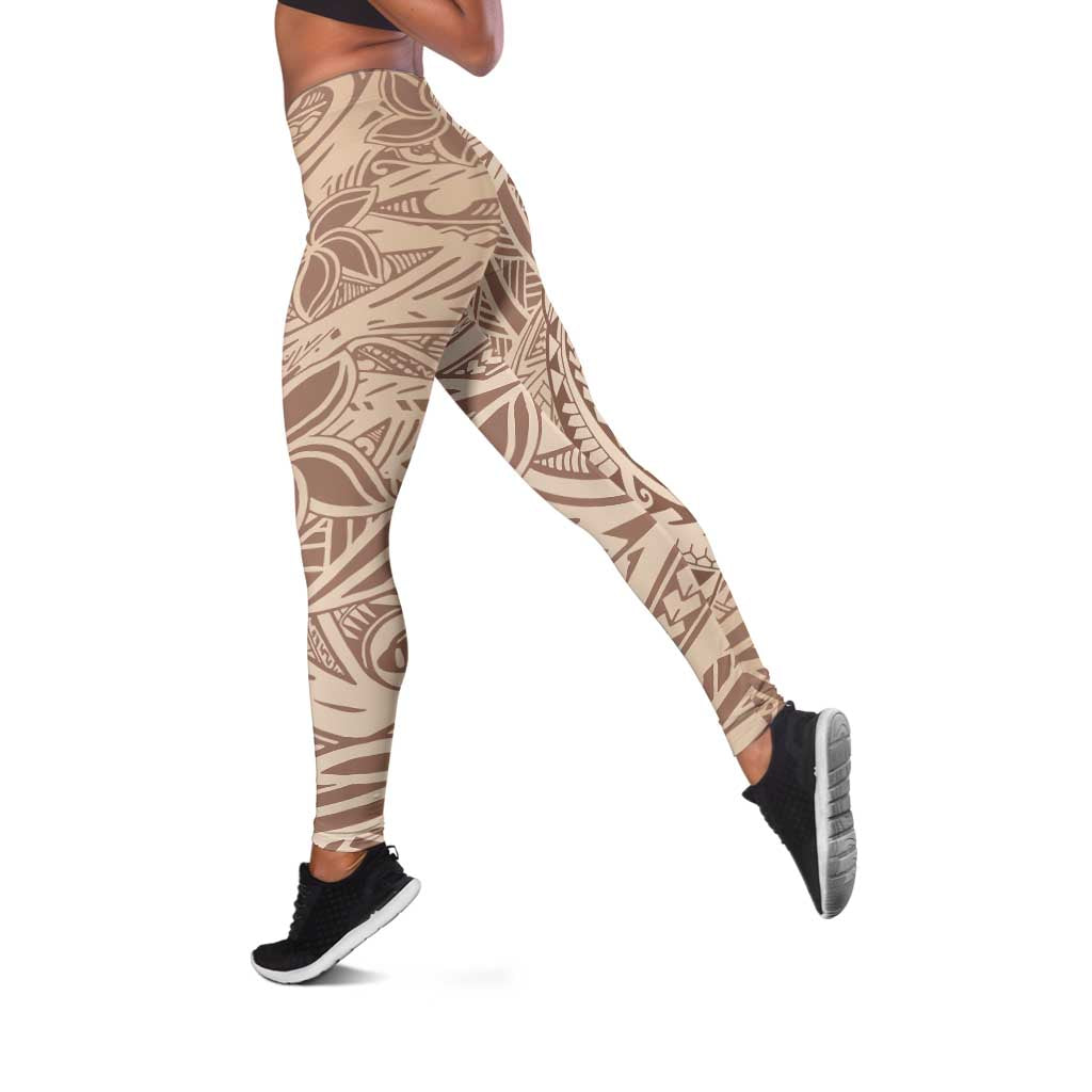 Beige Gradient Polynesia Leggings Hawaiian Tribal Hammerhead Shark Tattoo - Polynesian Pride