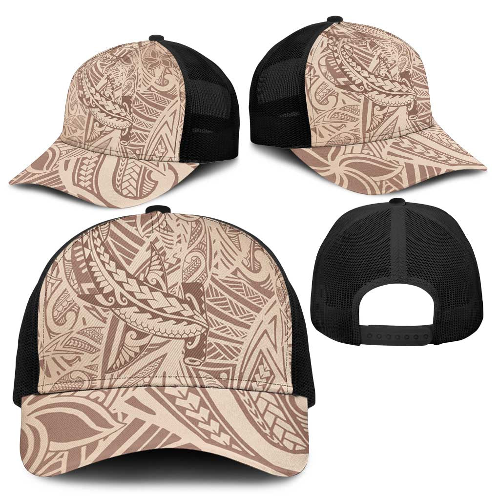 Beige Gradient Polynesia Mesh Trucker Cap Hawaiian Tribal Hammerhead Shark Tattoo - Polynesian Pride