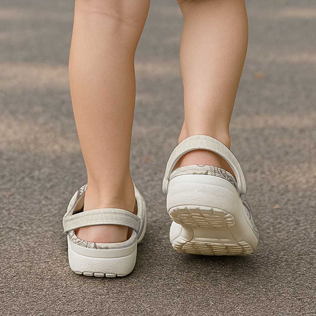 Beige Hawaii Clogs Shoes Hammerhead Shark Tattoo Curve Polynesian - Polynesian Pride