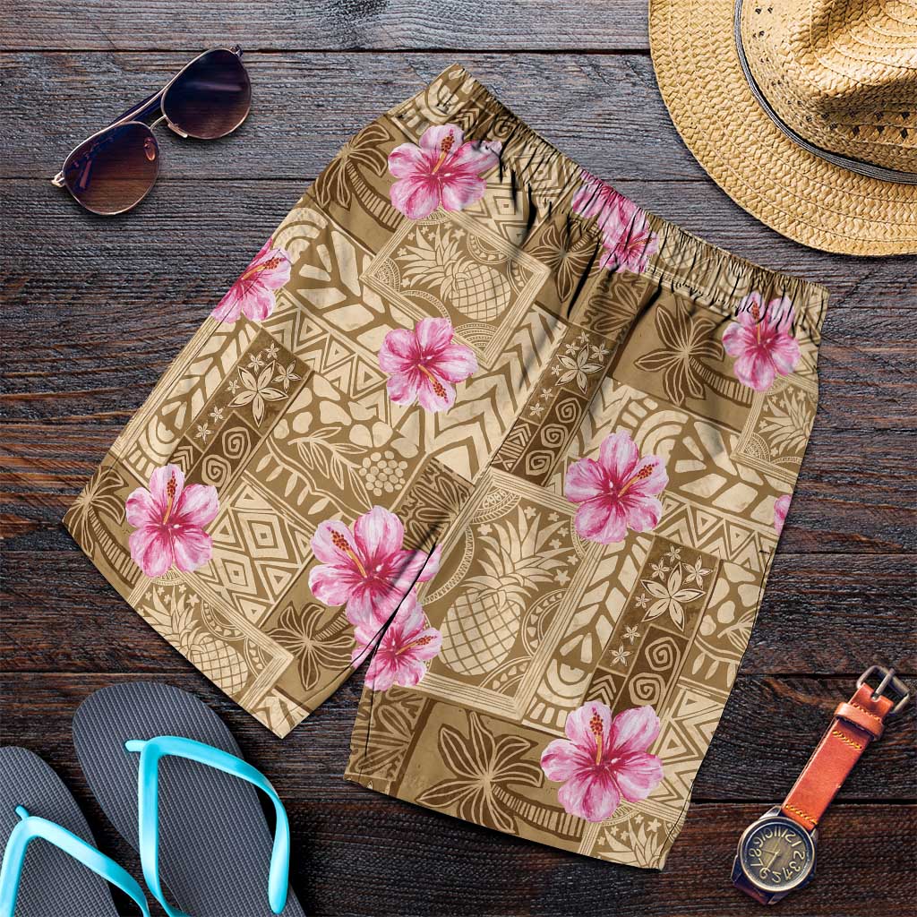 Beige Hawaii Hibiscus With Tropical Flowers Motifs Shorts for Men LT14 Beige - Polynesian Pride